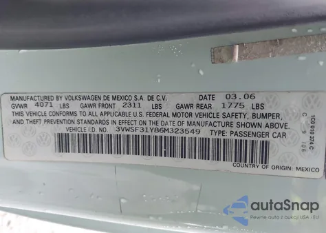 2006 Volkswagen New Beetle 2.5 from USA, damaged, VIN 3VWSF31Y86M323549